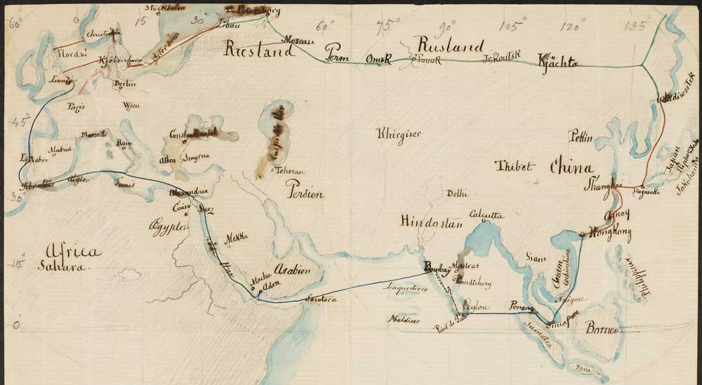 A map of the planned telegraph connections, drawn by diplomat Julius Frederik Sick, who helped negotiate the cable laying with foreign powers